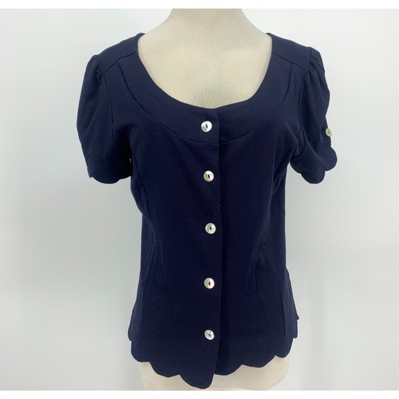 Tulip B Scallop Edge Trim Short  Sleeve Button Front Top NEW - Navy Blue - Picture 1 of 3
